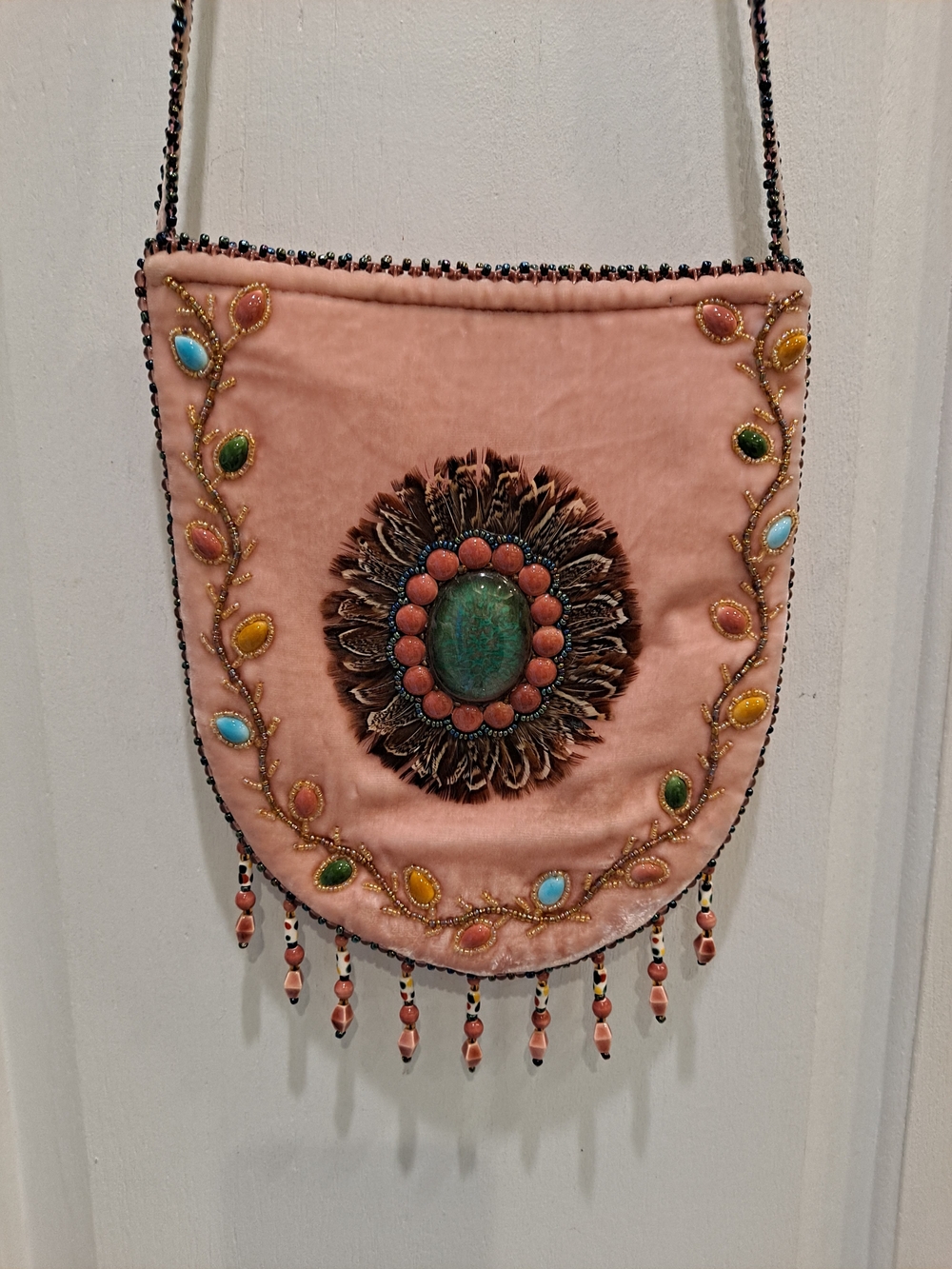 Artisan Handcrafted Pink Silk Velvet Bead Feather Crossbody Bag Gemstone Accent